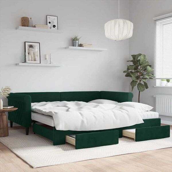 vidaXL Sof&aacute;-cama c/ gavet&atilde;o e gavetas 100x200 cm veludo verde-escuro