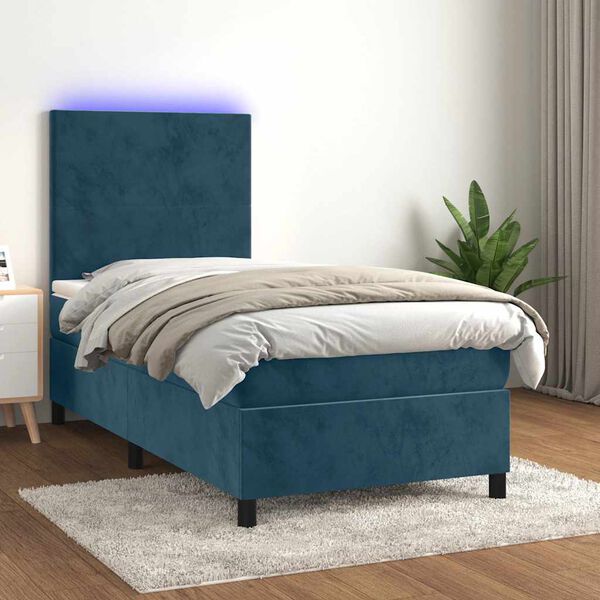 vidaXL Cama box spring c/ colch&atilde;o/LED 90x190 cm veludo azul-escuro