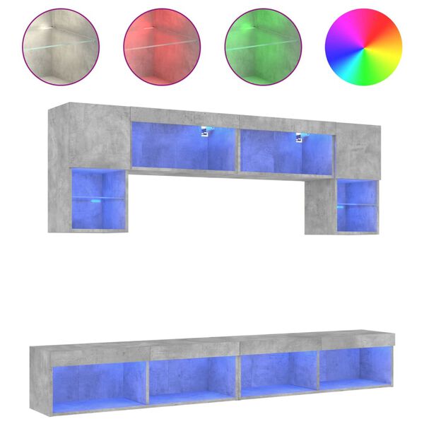 vidaXL 6 pcs m&oacute;veis parede p/ TV c/ LEDs deriv. madeira cinza cimento