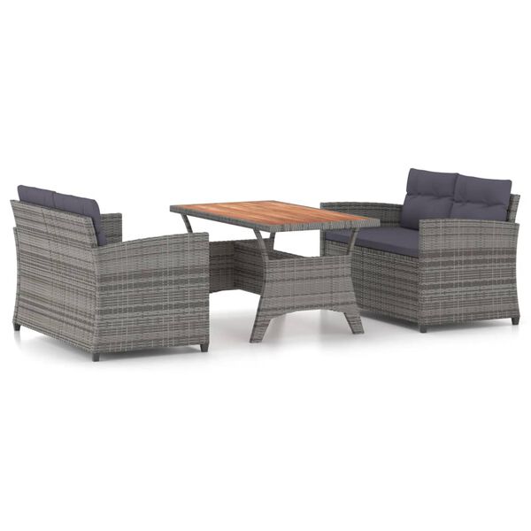 vidaXL 3 pcs conjunto lounge de jardim c/ almofad&otilde;es vime PE cinzento