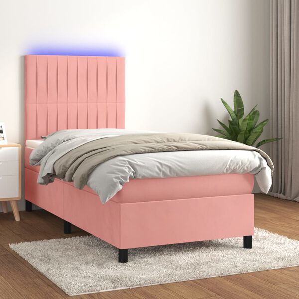 vidaXL Cama box spring c/ colch&atilde;o/LED 90x190 cm veludo rosa