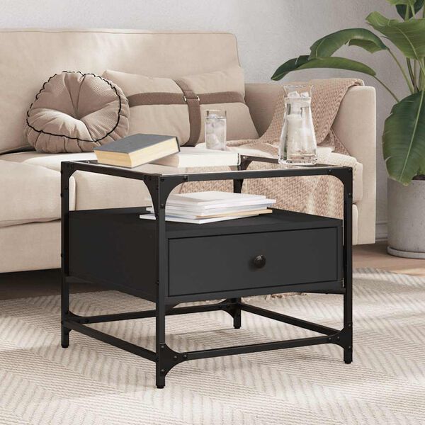 vidaXL Mesa de centro com topo em vidro preto 50x50x45 cm a&ccedil;o