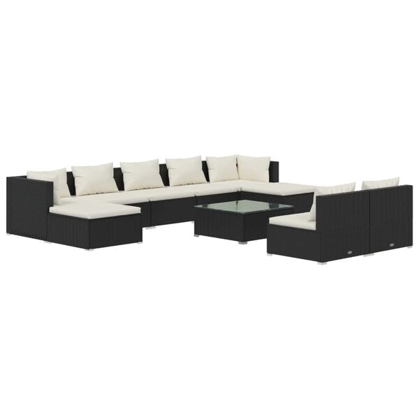 vidaXL 10 pcs conjunto lounge de jardim c/ almofad&otilde;es vime PE preto