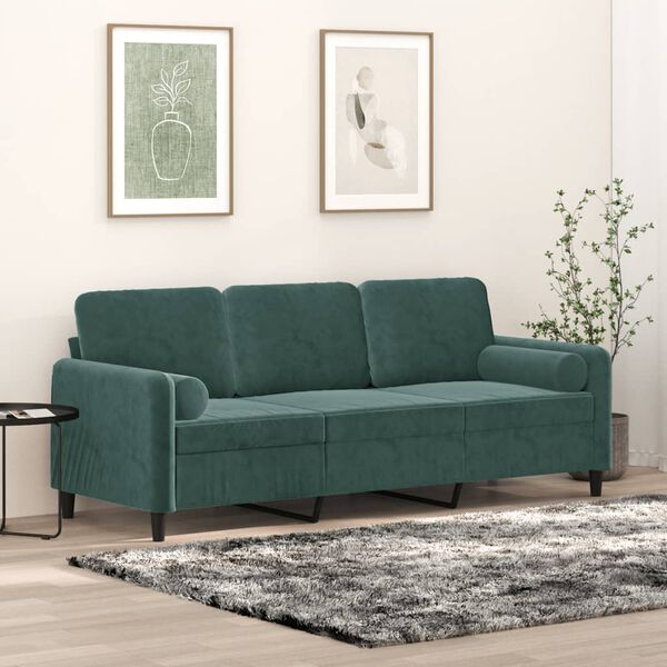 vidaXL Sof&aacute; 3 lug. c/ almofadas decorativas 180 cm veludo verde-escuro