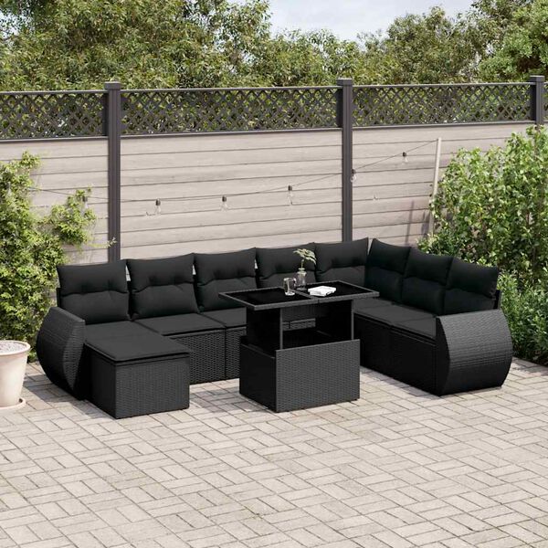 vidaXL 9 pcs conjunto de sofás p/ jardim c/ almofadões vime PE preto