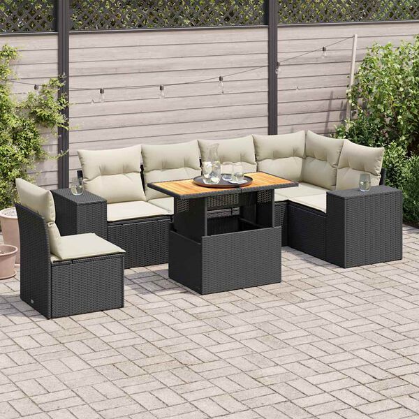 vidaXL 7 pcs conjunto de sof&aacute;s p/ jardim c/ almofad&otilde;es vime PE preto