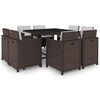 vidaXL 9 pcs conjunto jantar exterior c/ almofad&otilde;es vime PE castanho