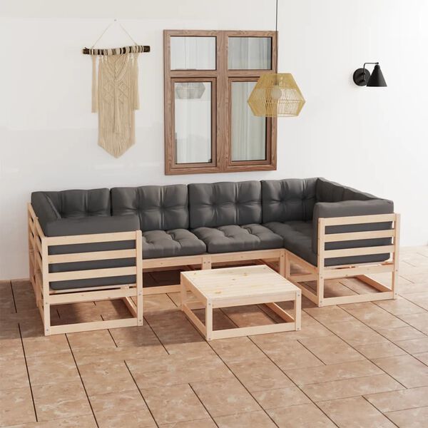 vidaXL 7 pcs conjunto lounge de jardim c/ almofad&otilde;es pinho maci&ccedil;o