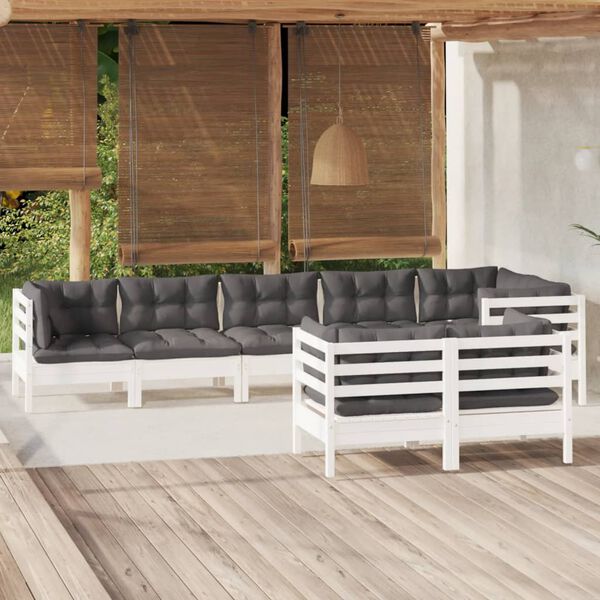 vidaXL 8 pcs conjunto lounge jardim c/ almofad&otilde;es pinho maci&ccedil;o branco