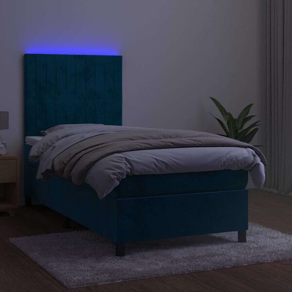 vidaXL Cama box spring c/ colch&atilde;o/LED 90x200 cm veludo azul-escuro