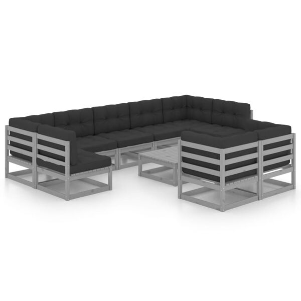 vidaXL 10pcs conjunto lounge de jardim + almofad&otilde;es pinho maci&ccedil;o cinza