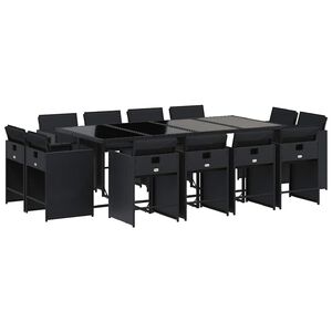 vidaXL 13 pcs conjunto de jantar p/jardim com almofad&otilde;es vime PE preto
