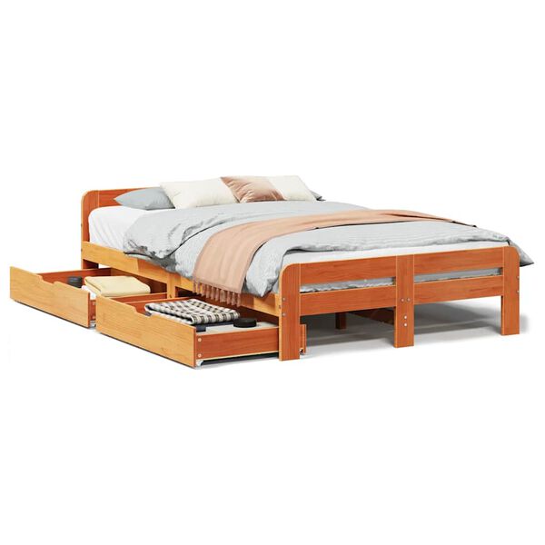 vidaXL Cama sem colch&atilde;o 135x190 cm madeira pinho maci&ccedil;a castanho-mel