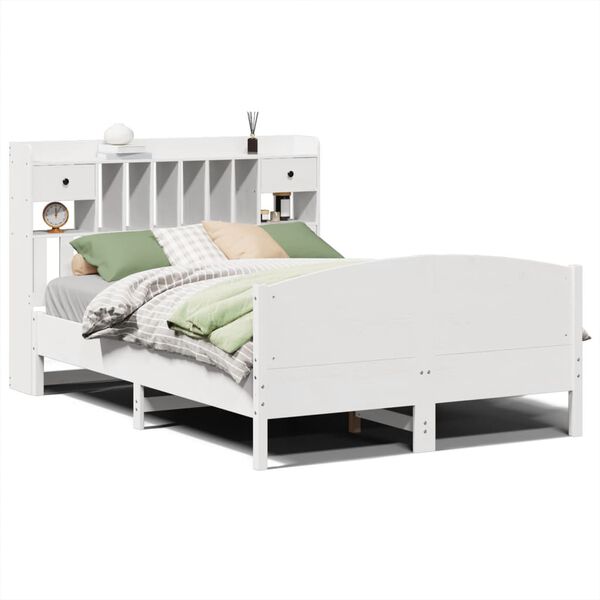vidaXL Cama com estante sem colchão 150x200 cm pinho maciço branco