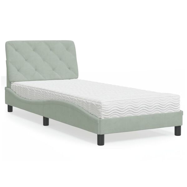 vidaXL Cama com colch&atilde;o 90x200 cm veludo cinzento-claro