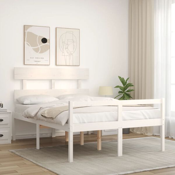 vidaXL Cama de casal para idosos c/ cabeceira madeira maci&ccedil;a branco