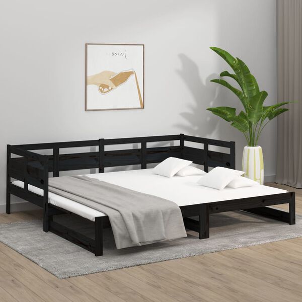 vidaXL Estrutura sof&aacute;-cama de puxar pinho maci&ccedil;o preto 2x(90x190) cm