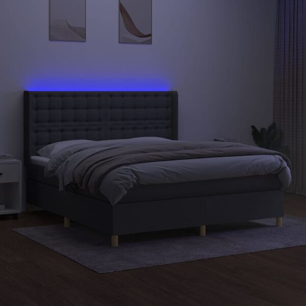 vidaXL Cama box spring c/ colch&atilde;o e LED 160x200 cm tecido cinza-escuro