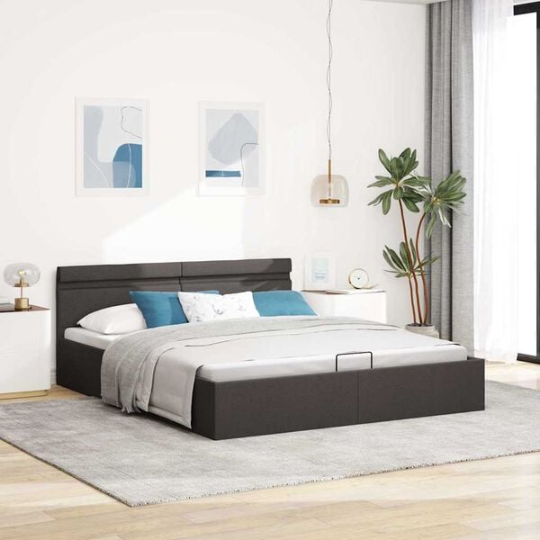vidaXL Cama hidráulica c/ arrumação LED 180x200cm tecido cinza-escuro