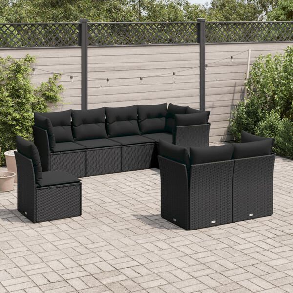 vidaXL 8 pcs conjunto sof&aacute;s de jardim com almofad&otilde;es vime PE preto