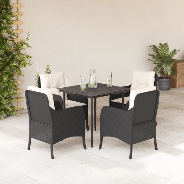 vidaXL 5 pcs conjunto de jantar p/ jardim c/ almofad&otilde;es vime PE preto