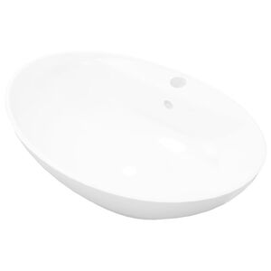 Lavat&oacute;rio cer&acirc;mico oval branco com buraco para torneira