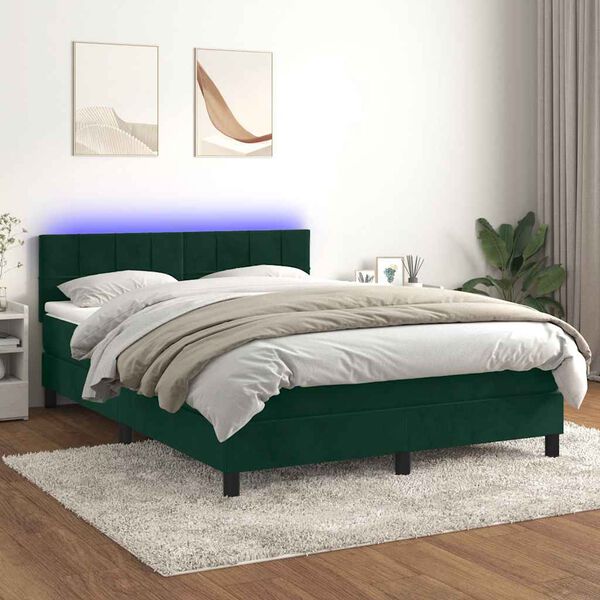 vidaXL Cama box spring c/ colch&atilde;o/LED 140x190 cm veludo verde-escuro