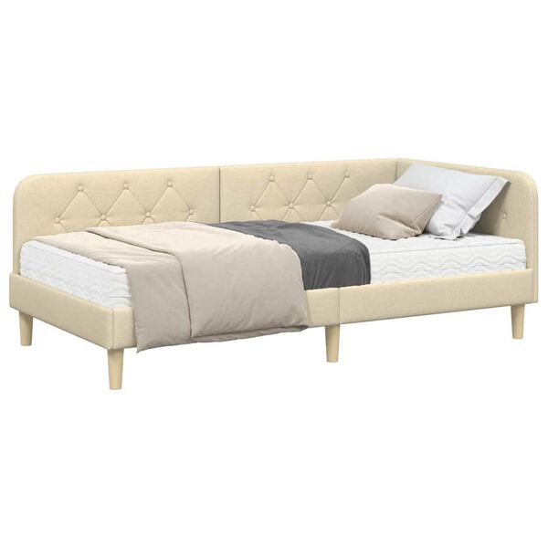 vidaXL Estrutura de Cama de Canto com colch&atilde;o Creme 90 x 190 cm tecido