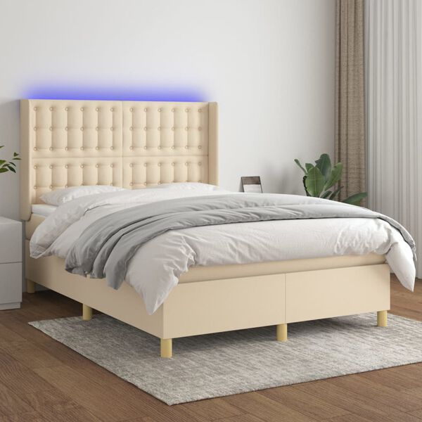 vidaXL Cama box spring c/ colch&atilde;o e LED 140x190 cm tecido cor creme
