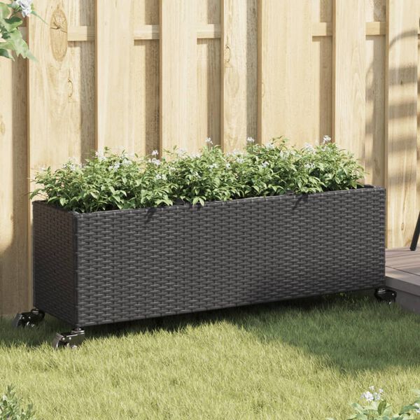 vidaXL Canteiro jardim c/ rodas e 3 vasos 107x32x38cm vime PE preto