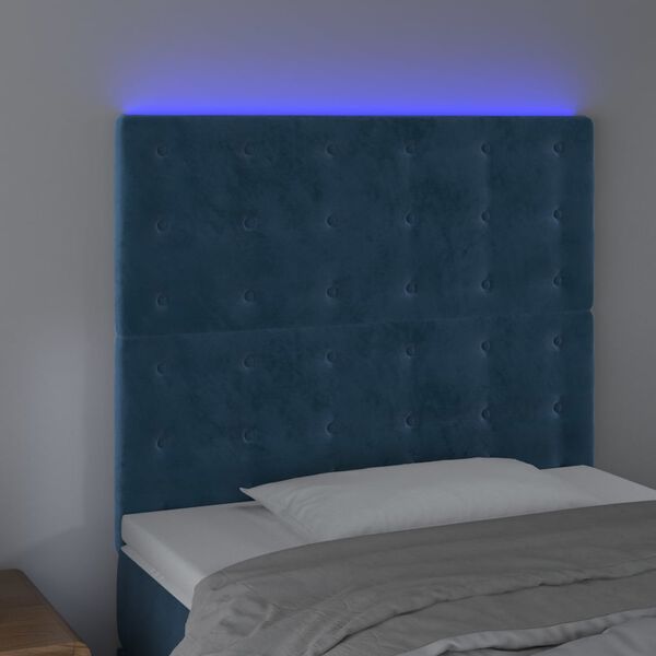 vidaXL Cabeceira cama c/ luzes LED veludo 80x5x118/128cm azul-escuro