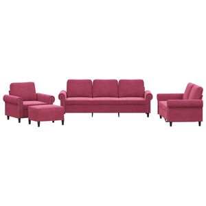 vidaXL 4 pcs conjunto de sof&aacute;s com almofad&otilde;es veludo vermelho tinto