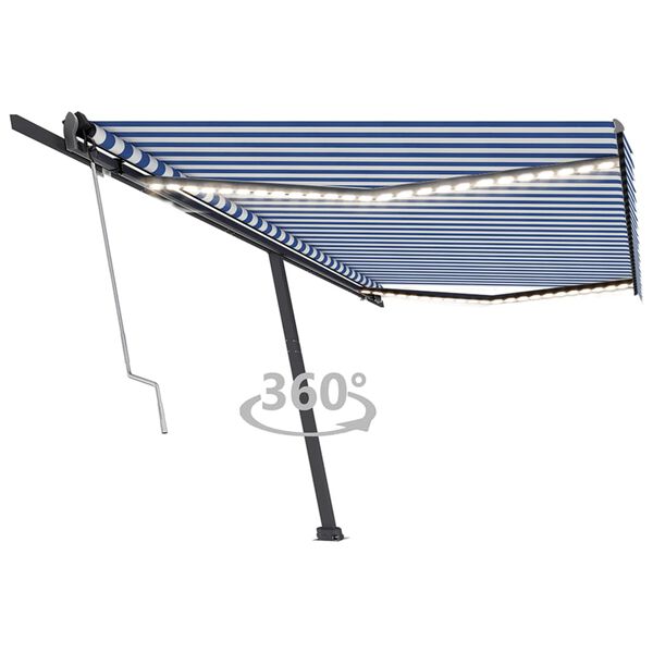 vidaXL Toldo autom. com LED e sensor de vento 500x350 cm azul/branco