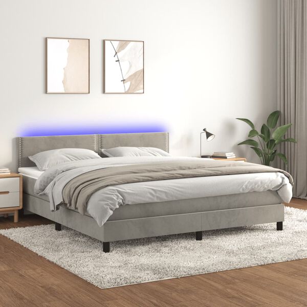 vidaXL Cama box spring c/ colch&atilde;o/LED 180x200 cm veludo cinzento-claro