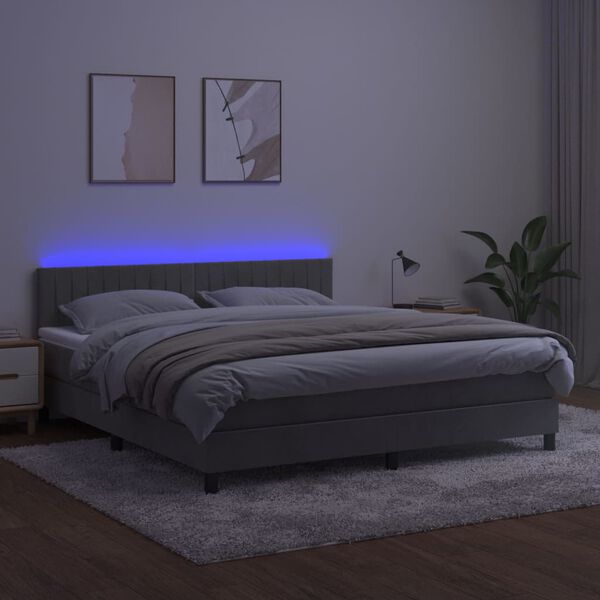 vidaXL Cama box spring c/ colch&atilde;o/LED 180x200 cm veludo cinzento-claro