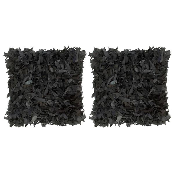 vidaXL Almofad&otilde;es 2 pcs 45x45 cm shaggy couro e algod&atilde;o preto