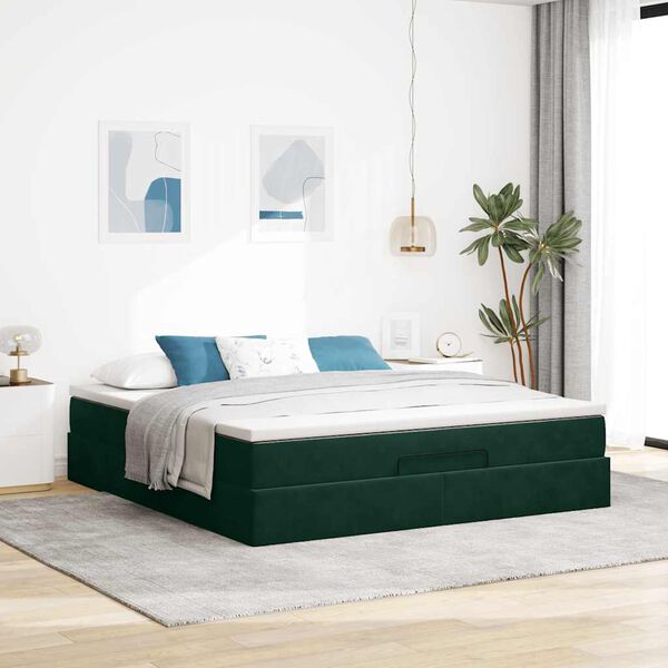 vidaXL Estrutura de cama otomana com colch&atilde;o 160x200 cm verde escuro