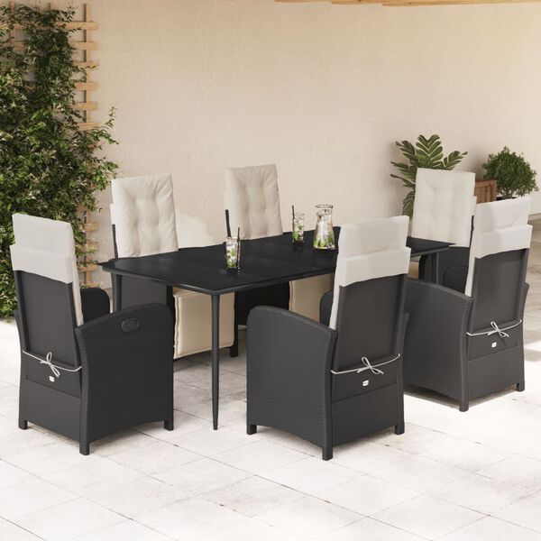 vidaXL 7 pcs conjunto de jantar p/ jardim c/ almofad&otilde;es vime PE preto