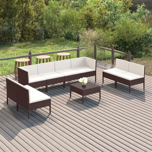 vidaXL 9 pcs conjunto lounge jardim c/ almofad&otilde;es vime PE castanho