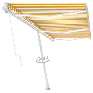 vidaXL Toldo manual com LED solar 6 x 3 m Amarelo e branco &agrave;s riscas