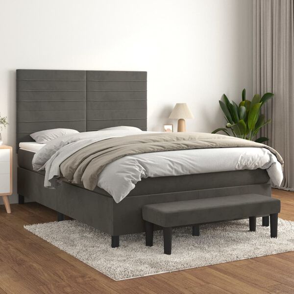 vidaXL Cama com molas/colch&atilde;o 140x200 cm veludo cinzento-escuro