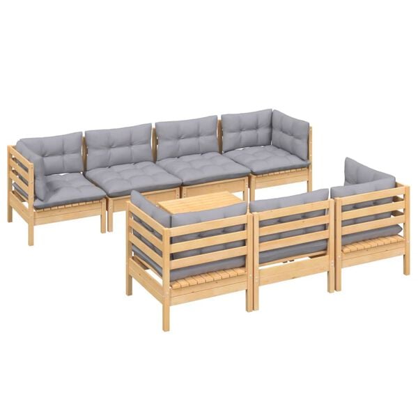 vidaXL 8 pcs conjunto lounge de jardim + almofad&otilde;es cinza pinho maci&ccedil;o