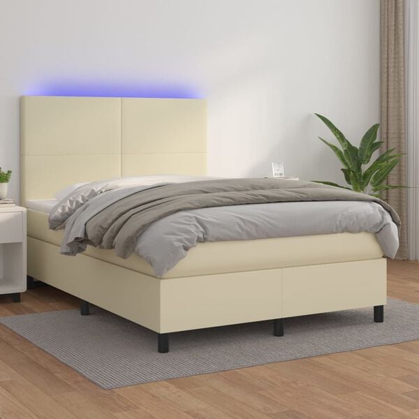 vidaXL Cama box spring c/ colch&atilde;o/LED 140x190cm couro artificial creme