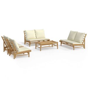 vidaXL 5 pcs conjunto lounge de jardim bambu c/ almofad&otilde;es branco nata