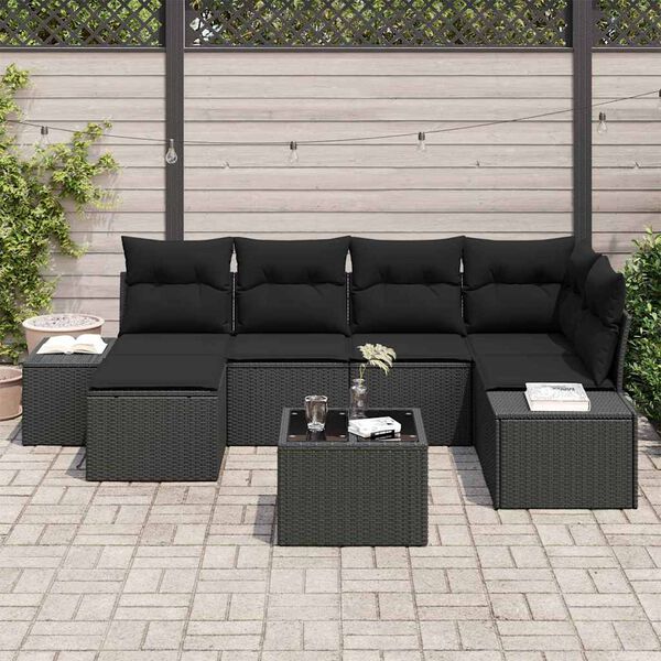 vidaXL Conjunto de Sof&aacute; de Jardim com almofada 7 pcs Preto vime PE