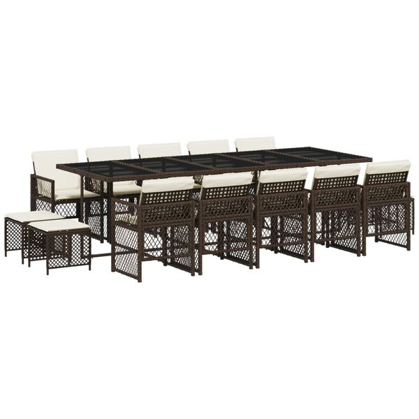 vidaXL 15 pcs conjunto jantar p/ jardim c/ almofad&otilde;es vime PE castanho