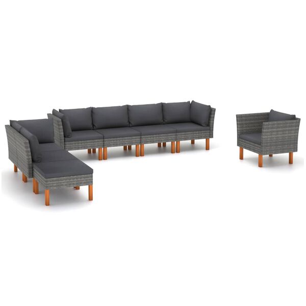 vidaXL 8 pcs conj. lounge jardim vime PE e madeira eucalipto cinzento