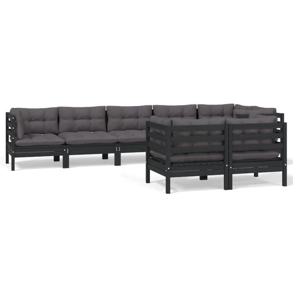 vidaXL 8 pcs conjunto lounge jardim c/ almofad&otilde;es pinho maci&ccedil;o preto
