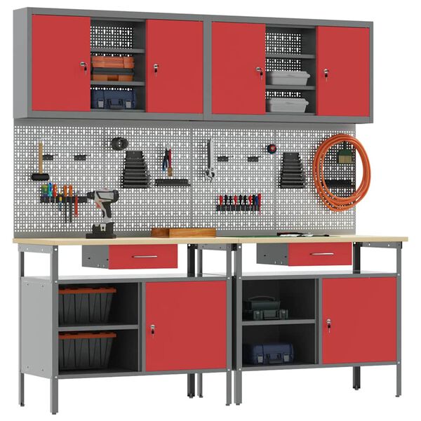 vidaXL Conjunto de bancada de trabalho com gaveta 8 pcs Vermelho