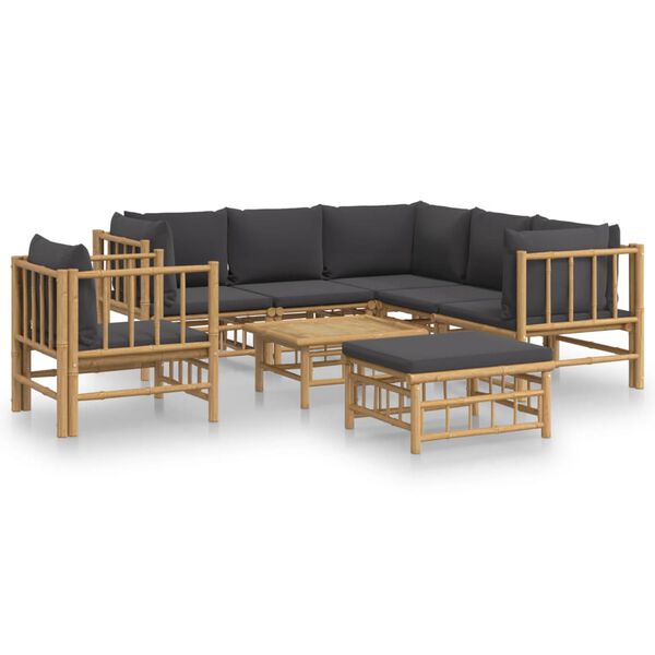 vidaXL 8pcs conj. lounge de jardim bambu c/ almofadões cinzento-escuro